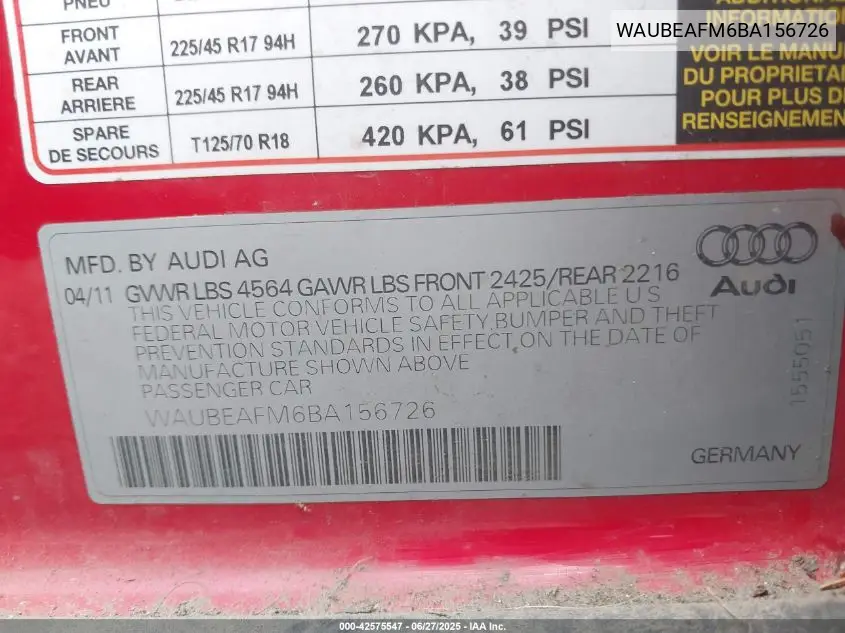 2011 Audi A3 2.0T Premium VIN: WAUBEAFM6BA156726 Lot: 42575547