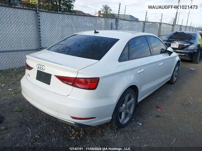 2019 Audi A3 Sedan VIN: WAUAUGFF4K1021473 Lot: 12142101