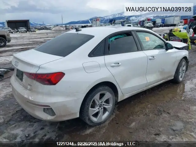 2022 Audi A3 Premium VIN: WAUGUCGY1NA039128 Lot: 12251244