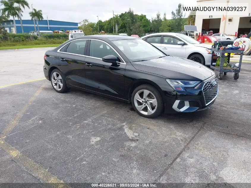 2022 Audi A3 Premium 40 Tfsi Front-Wheel Drive S Tronic VIN: WAUAUDGY1NA039237 Lot: 40226521