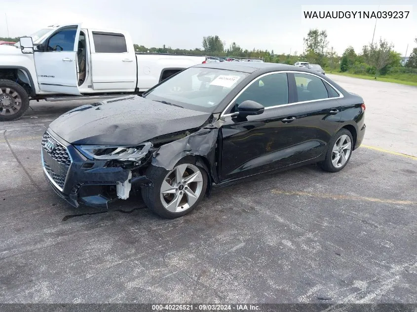 2022 Audi A3 Premium 40 Tfsi Front-Wheel Drive S Tronic VIN: WAUAUDGY1NA039237 Lot: 40226521