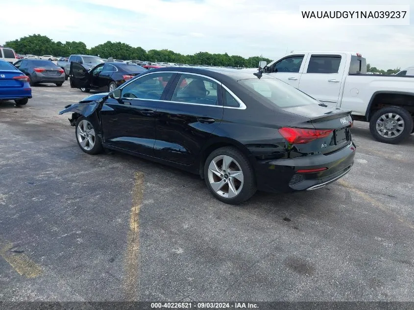 2022 Audi A3 Premium 40 Tfsi Front-Wheel Drive S Tronic VIN: WAUAUDGY1NA039237 Lot: 40226521