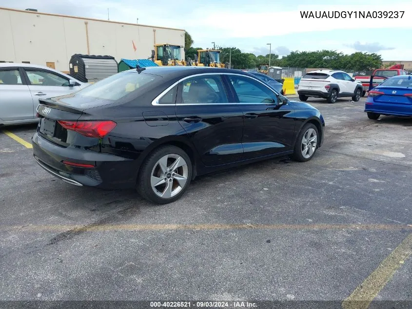 2022 Audi A3 Premium 40 Tfsi Front-Wheel Drive S Tronic VIN: WAUAUDGY1NA039237 Lot: 40226521