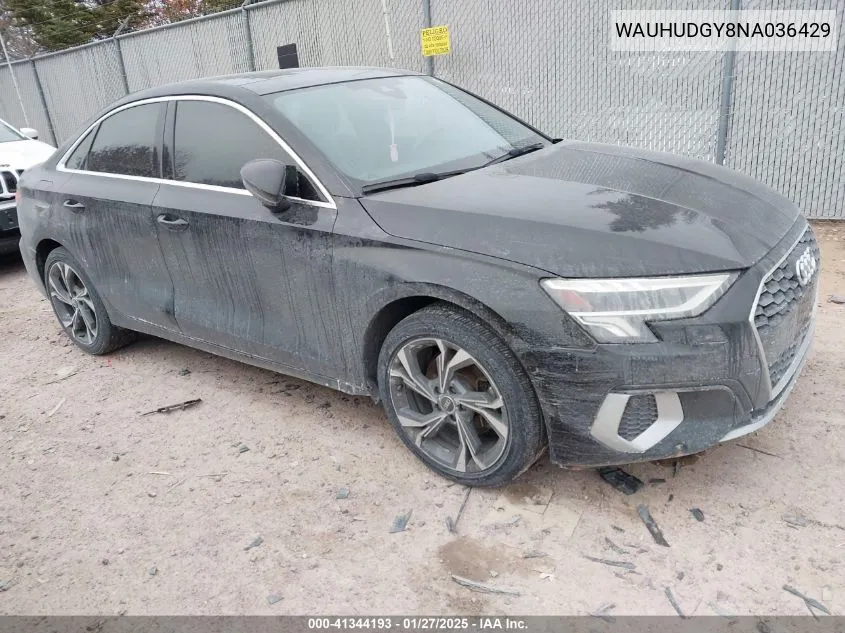 2022 Audi A3 Premium Plus 40 Tfsi Quattro S Tronic VIN: WAUHUDGY8NA036429 Lot: 41344193