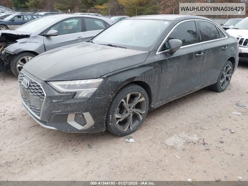 2022 Audi A3 Premium Plus 40 Tfsi Quattro S Tronic VIN: WAUHUDGY8NA036429 Lot: 41344193