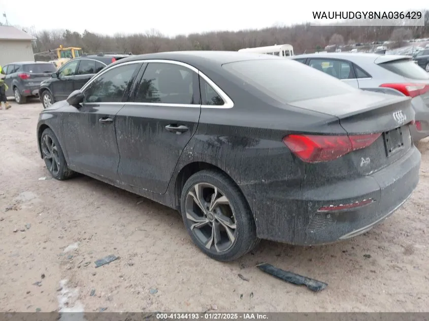2022 Audi A3 Premium Plus 40 Tfsi Quattro S Tronic VIN: WAUHUDGY8NA036429 Lot: 41344193