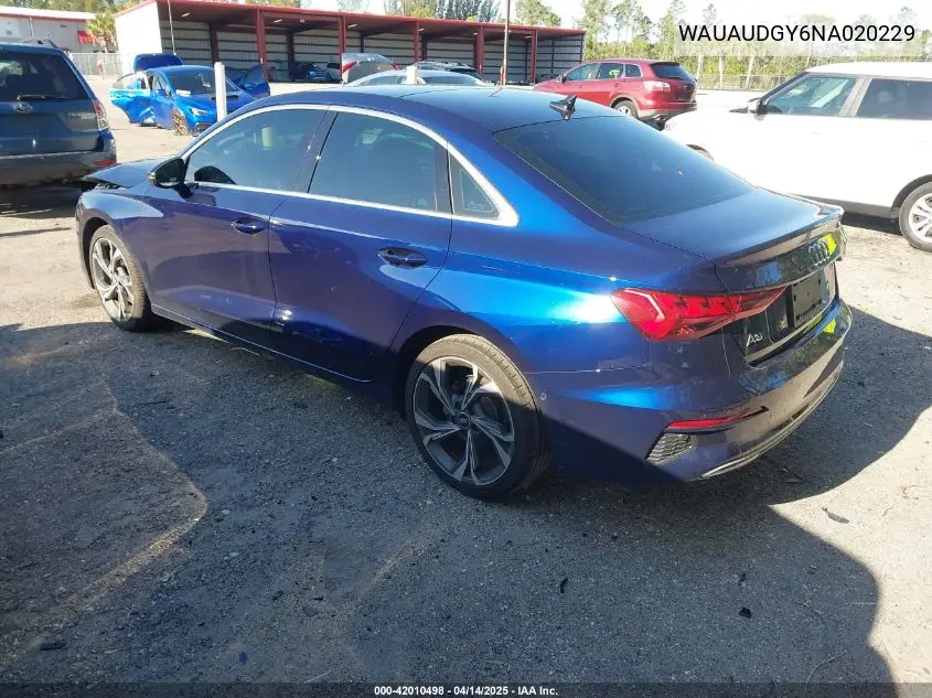 2022 Audi A3 Premium 40 Tfsi Front-Wheel Drive S Tronic VIN: WAUAUDGY6NA020229 Lot: 42010498