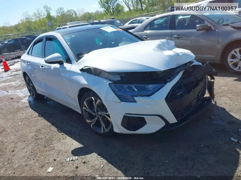 2022 Audi A3 Premium 40 Tfsi Quattro S Tronic VIN: WAUGUDGY7NA100357 Lot: 42210041
