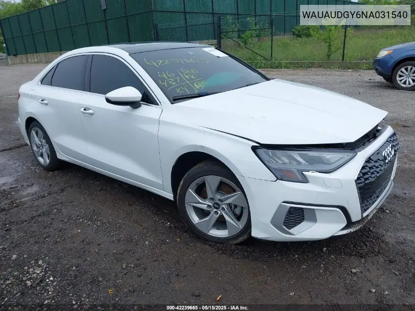 2022 Audi A3 Premium 40 Tfsi Front-Wheel Drive S Tronic VIN: WAUAUDGY6NA031540 Lot: 42239665