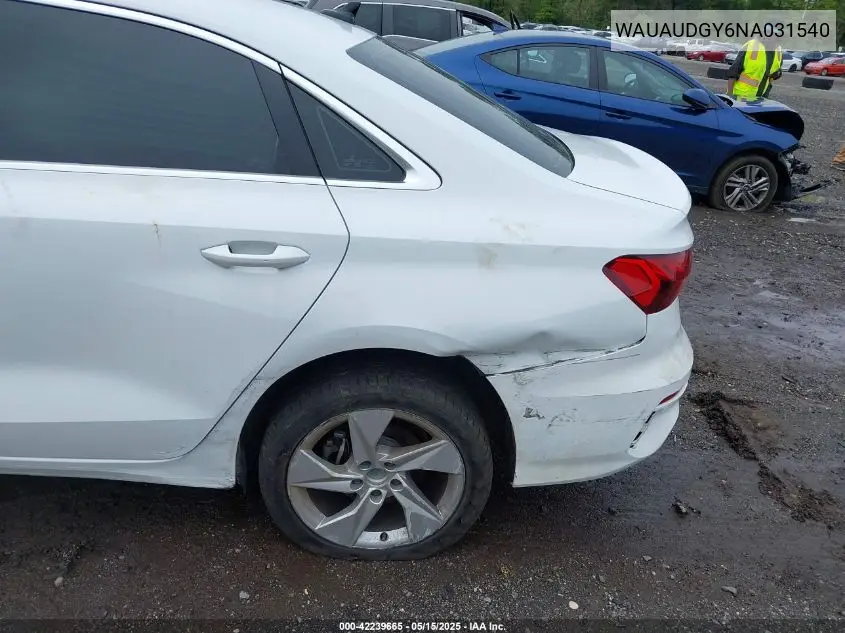 2022 Audi A3 Premium 40 Tfsi Front-Wheel Drive S Tronic VIN: WAUAUDGY6NA031540 Lot: 42239665