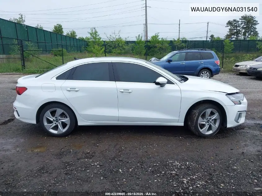 2022 Audi A3 Premium 40 Tfsi Front-Wheel Drive S Tronic VIN: WAUAUDGY6NA031540 Lot: 42239665