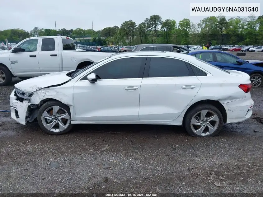 2022 Audi A3 Premium 40 Tfsi Front-Wheel Drive S Tronic VIN: WAUAUDGY6NA031540 Lot: 42239665