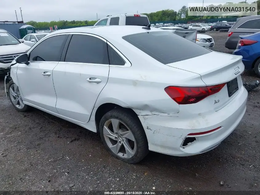 2022 Audi A3 Premium 40 Tfsi Front-Wheel Drive S Tronic VIN: WAUAUDGY6NA031540 Lot: 42239665