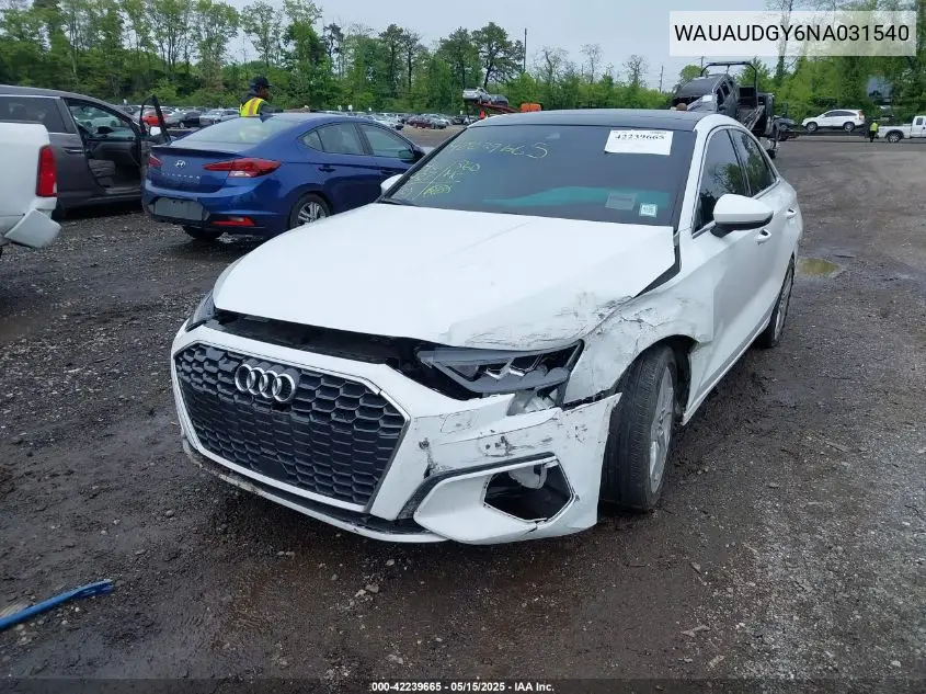 2022 Audi A3 Premium 40 Tfsi Front-Wheel Drive S Tronic VIN: WAUAUDGY6NA031540 Lot: 42239665