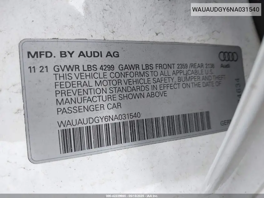 2022 Audi A3 Premium 40 Tfsi Front-Wheel Drive S Tronic VIN: WAUAUDGY6NA031540 Lot: 42239665
