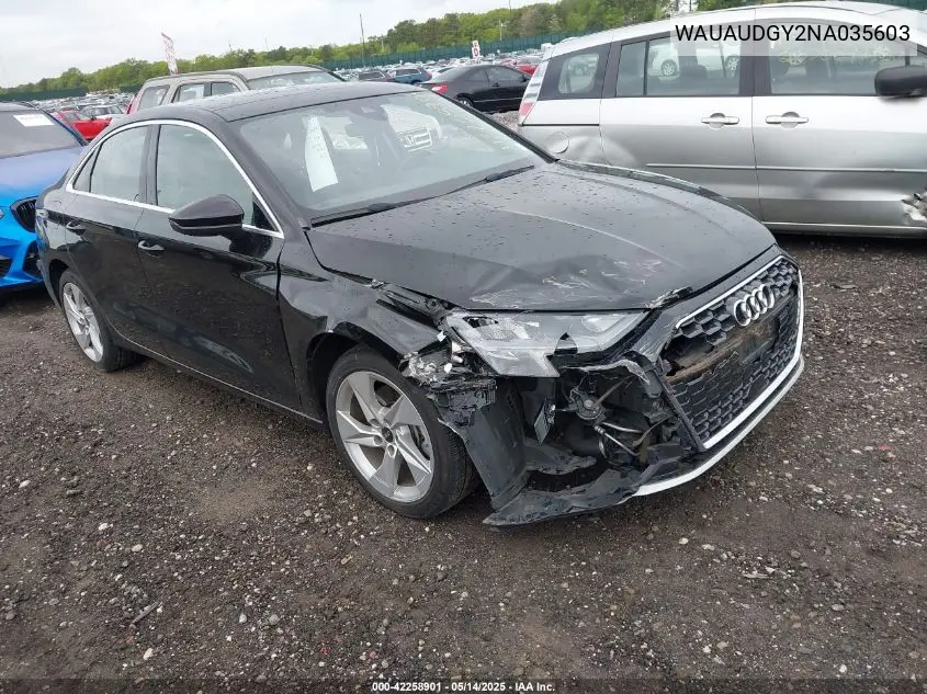 2022 Audi A3 Premium 40 Tfsi Front-Wheel Drive S Tronic VIN: WAUAUDGY2NA035603 Lot: 42258901