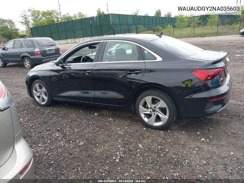 2022 Audi A3 Premium 40 Tfsi Front-Wheel Drive S Tronic VIN: WAUAUDGY2NA035603 Lot: 42258901