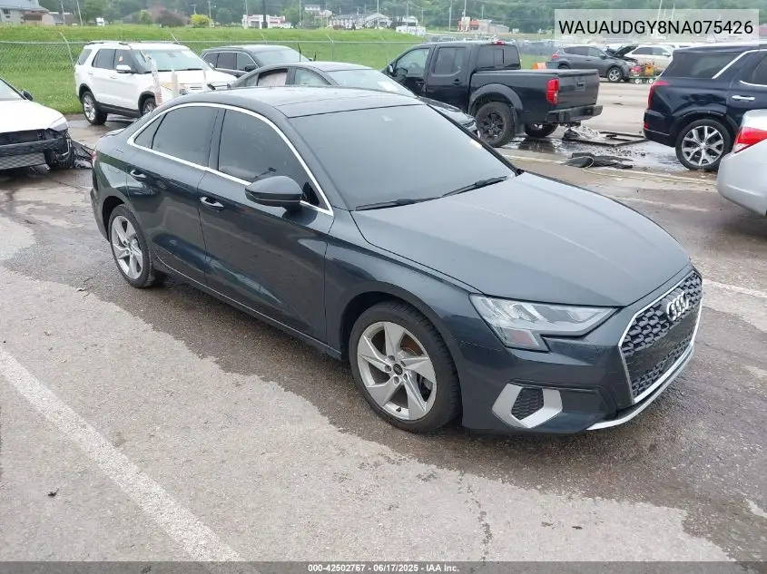 2022 Audi A3 Premium 40 Tfsi Front-Wheel Drive S Tronic VIN: WAUAUDGY8NA075426 Lot: 42502767