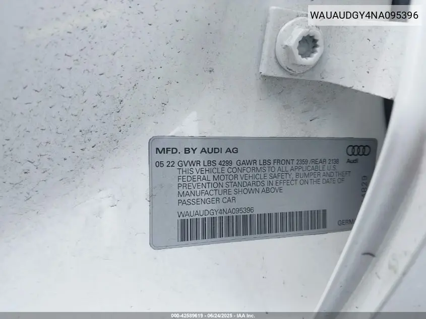2022 Audi A3 Premium 40 Tfsi Front-Wheel Drive S Tronic VIN: WAUAUDGY4NA095396 Lot: 42589619