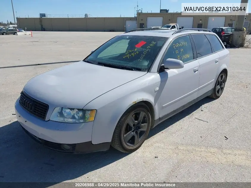 2002 Audi A4 1.8T Quattro VIN: WAUVC68EX2A310344 Lot: 20206988