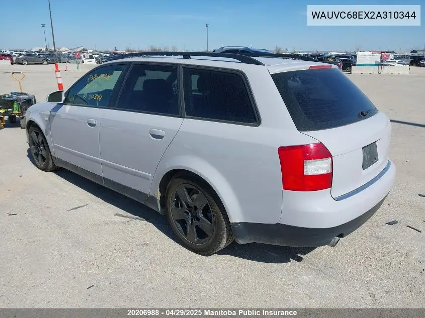 2002 Audi A4 1.8T Quattro VIN: WAUVC68EX2A310344 Lot: 20206988