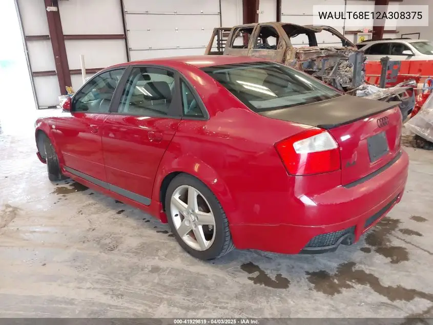 2002 Audi A4 3.0 VIN: WAULT68E12A308375 Lot: 41929819
