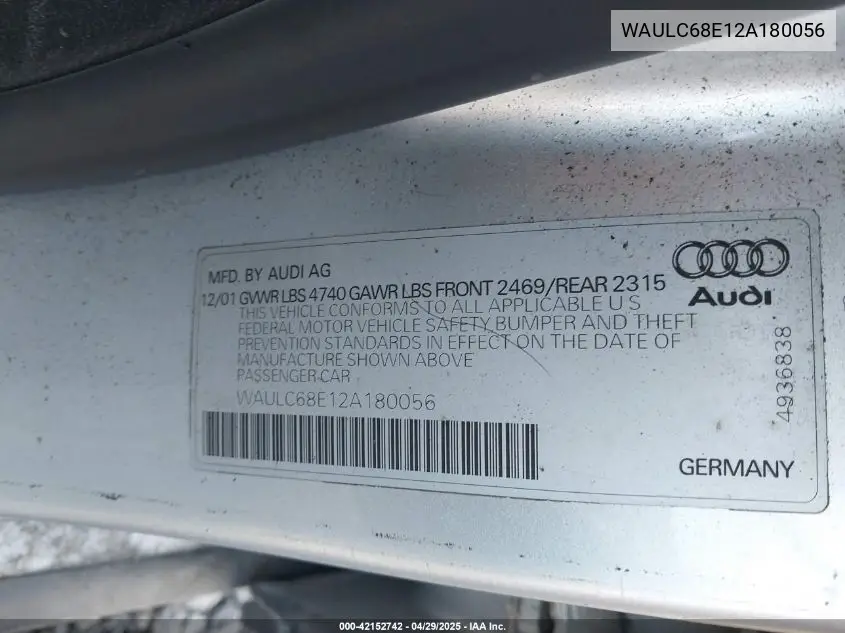 2002 Audi A4 1.8T VIN: WAULC68E12A180056 Lot: 42152742