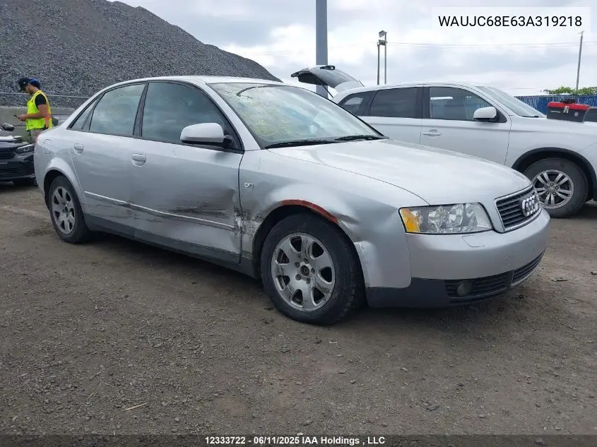 2003 Audi A4 VIN: WAUJC68E63A319218 Lot: 12333722