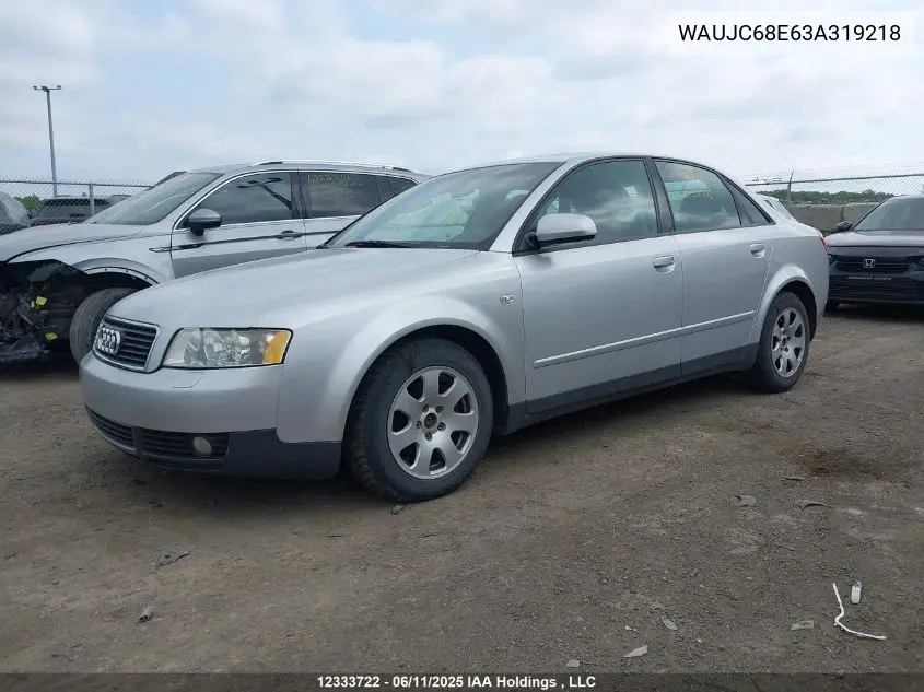 2003 Audi A4 VIN: WAUJC68E63A319218 Lot: 12333722