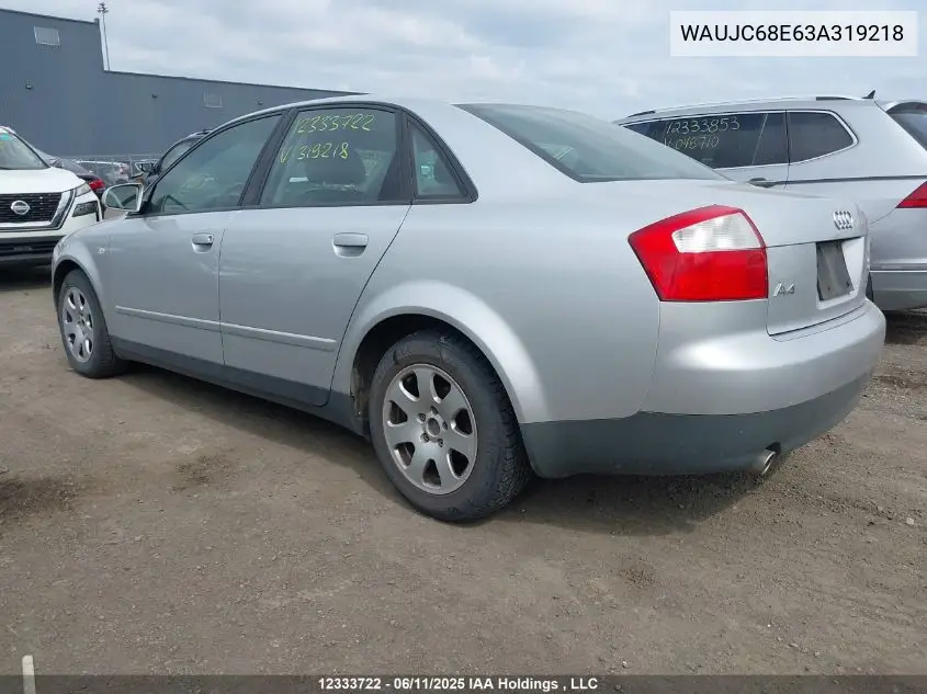 2003 Audi A4 VIN: WAUJC68E63A319218 Lot: 12333722