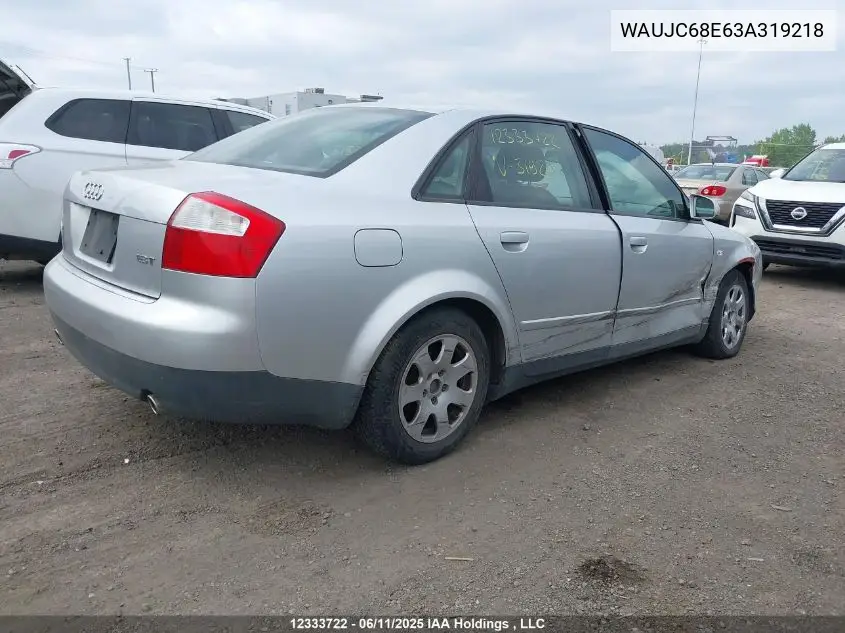 2003 Audi A4 VIN: WAUJC68E63A319218 Lot: 12333722