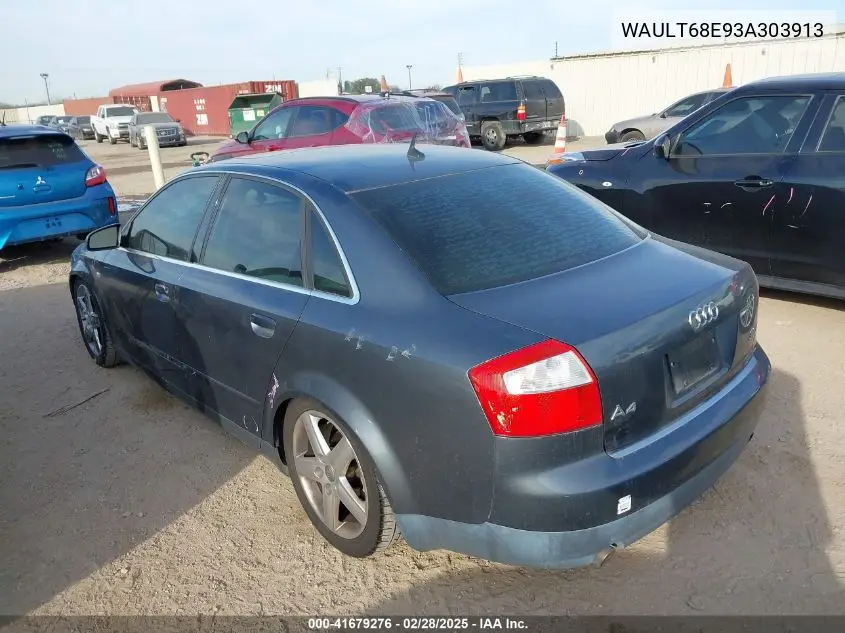 2003 Audi A4 3.0 VIN: WAULT68E93A303913 Lot: 41679276