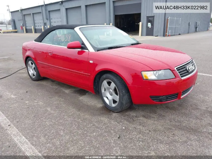 2003 Audi A4 1.8T VIN: WAUAC48H33K022982 Lot: 41994638