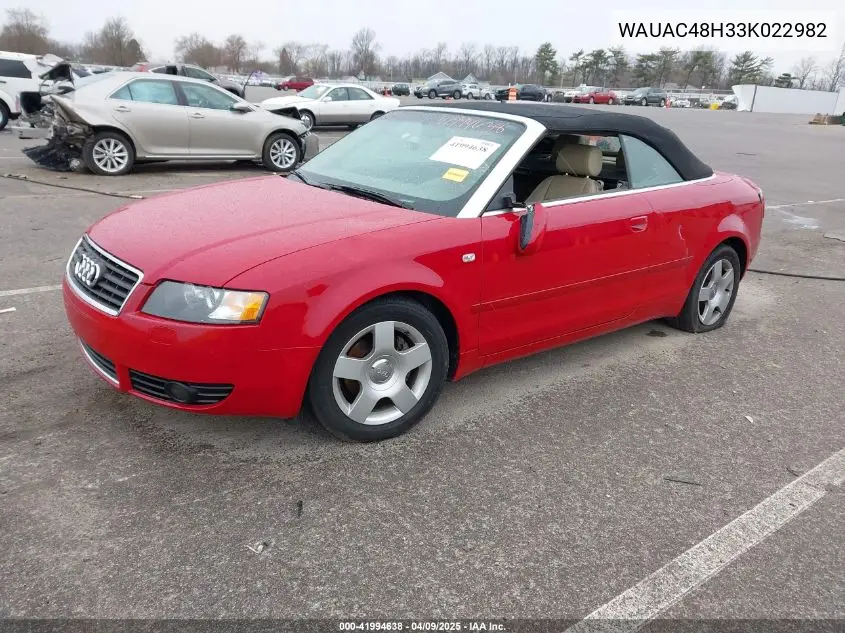 2003 Audi A4 1.8T VIN: WAUAC48H33K022982 Lot: 41994638