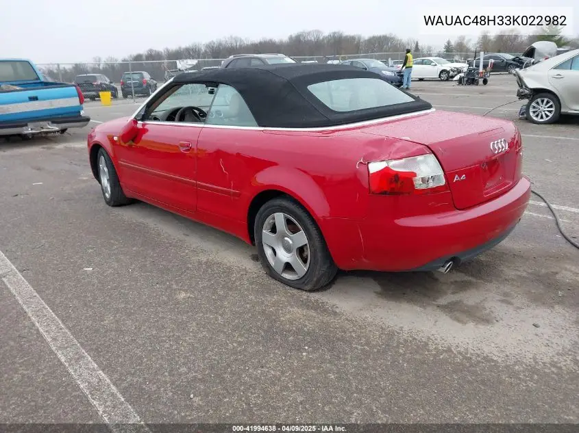 2003 Audi A4 1.8T VIN: WAUAC48H33K022982 Lot: 41994638