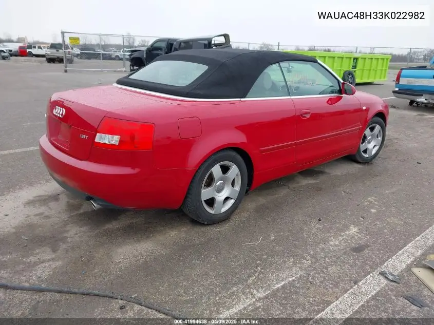 2003 Audi A4 1.8T VIN: WAUAC48H33K022982 Lot: 41994638