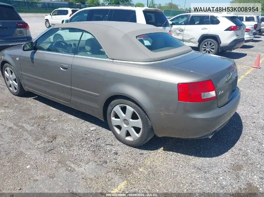 2003 Audi A4 3.0 VIN: WAUAT48H53K008954 Lot: 42236696
