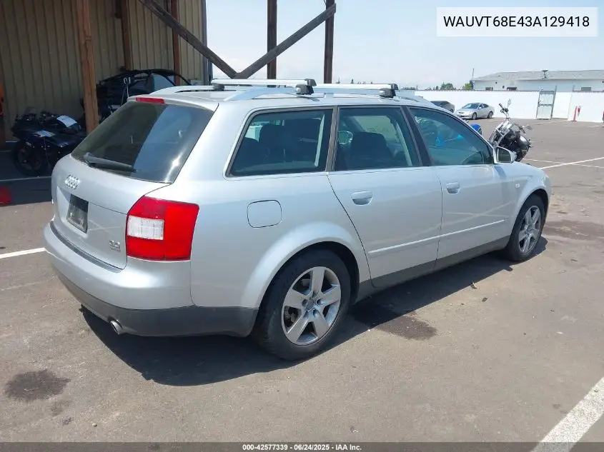 2003 Audi A4 3.0 Avant VIN: WAUVT68E43A129418 Lot: 42577339