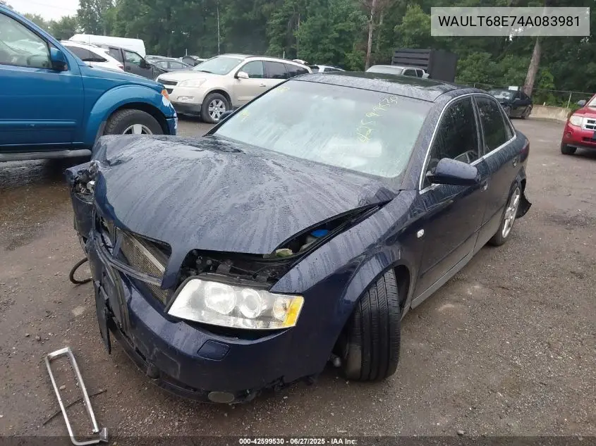 2004 Audi A4 3.0 VIN: WAULT68E74A083981 Lot: 42599530