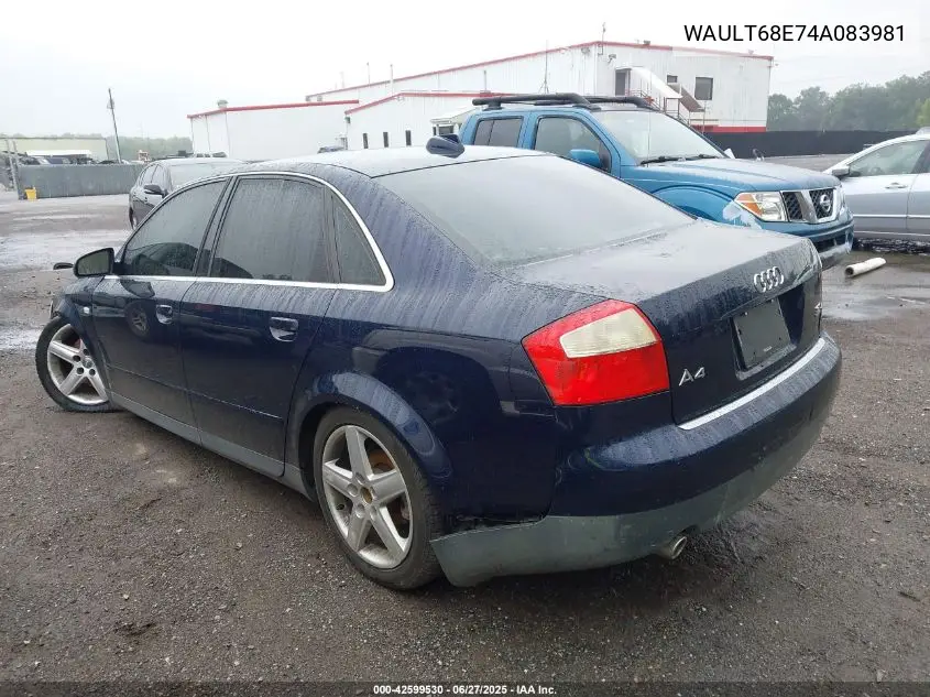 2004 Audi A4 3.0 VIN: WAULT68E74A083981 Lot: 42599530