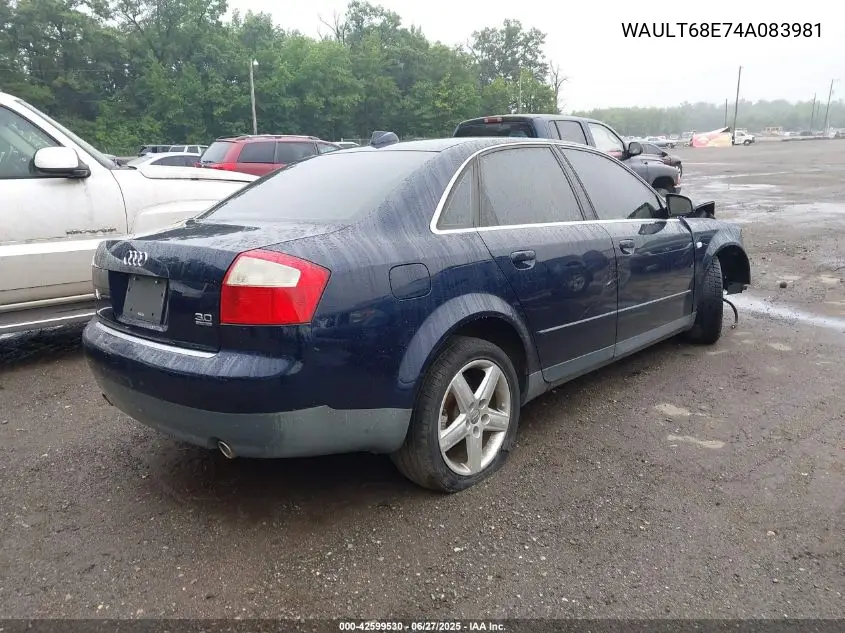 2004 Audi A4 3.0 VIN: WAULT68E74A083981 Lot: 42599530