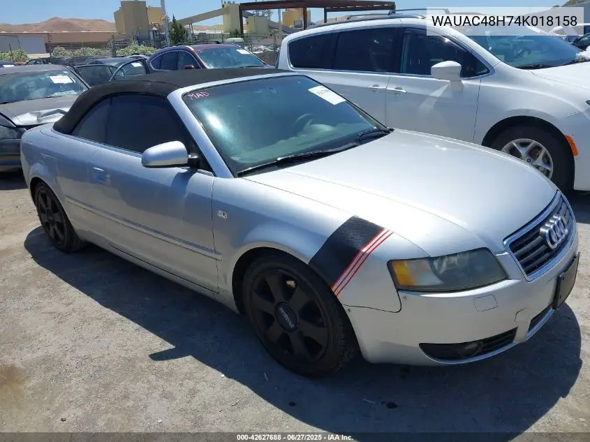 2004 Audi A4 1.8T VIN: WAUAC48H74K018158 Lot: 42627688