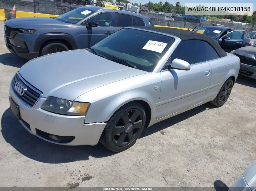 2004 Audi A4 1.8T VIN: WAUAC48H74K018158 Lot: 42627688
