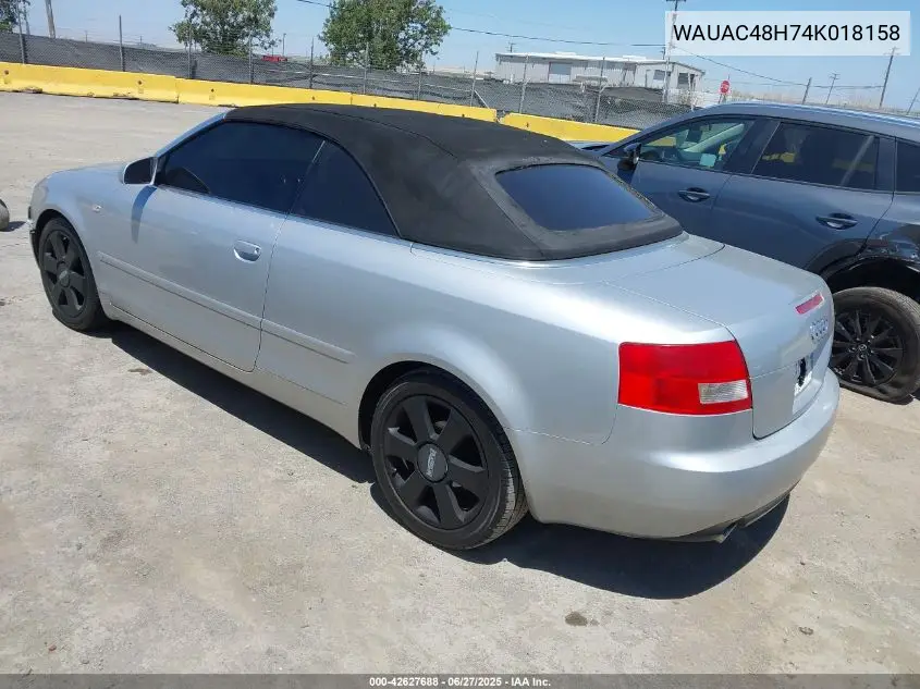 2004 Audi A4 1.8T VIN: WAUAC48H74K018158 Lot: 42627688