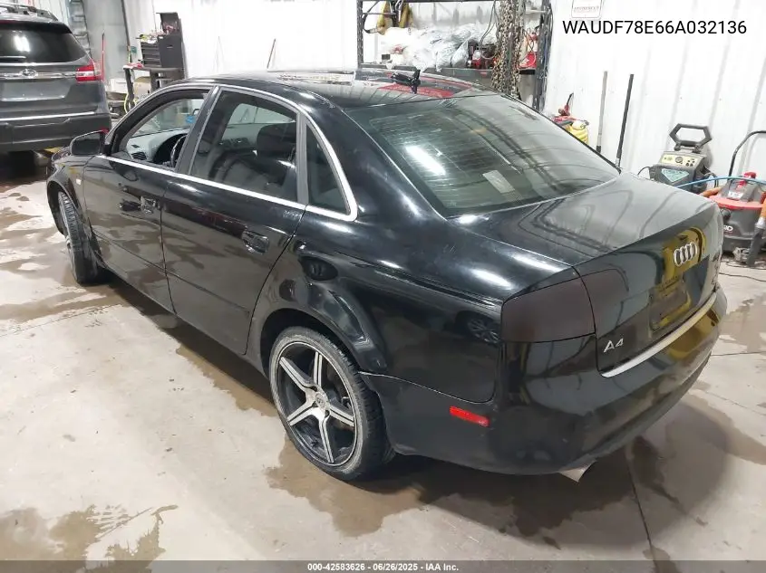 2006 Audi A4 2.0T VIN: WAUDF78E66A032136 Lot: 42583626