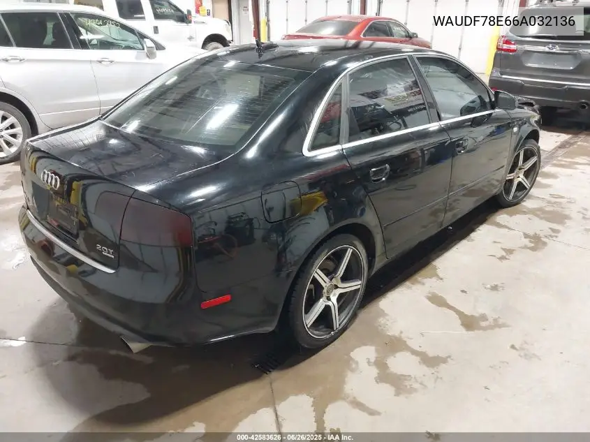 2006 Audi A4 2.0T VIN: WAUDF78E66A032136 Lot: 42583626