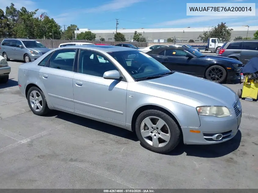 2006 Audi A4 2.0T VIN: WAUAF78E76A200014 Lot: 42674600
