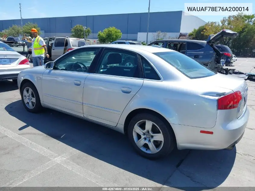 2006 Audi A4 2.0T VIN: WAUAF78E76A200014 Lot: 42674600