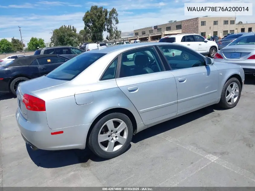 2006 Audi A4 2.0T VIN: WAUAF78E76A200014 Lot: 42674600