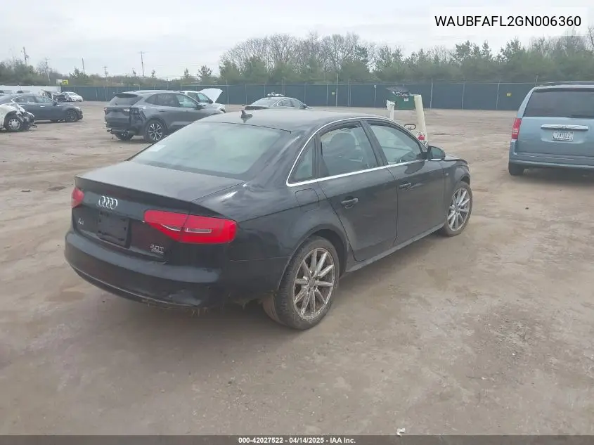 2016 Audi A4 2.0T Premium VIN: WAUBFAFL2GN006360 Lot: 42027522